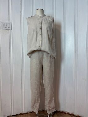 TRISTAN 100% Linen Set | Beige Jogger Pants & Sleeveless Button Shirt | Size XL